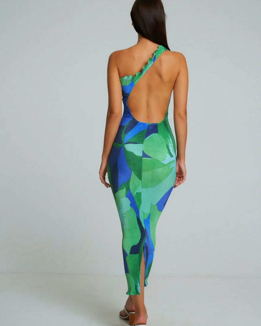 Pamela Baskılı Plise Dekolteli Bodycon Maxi Elbise