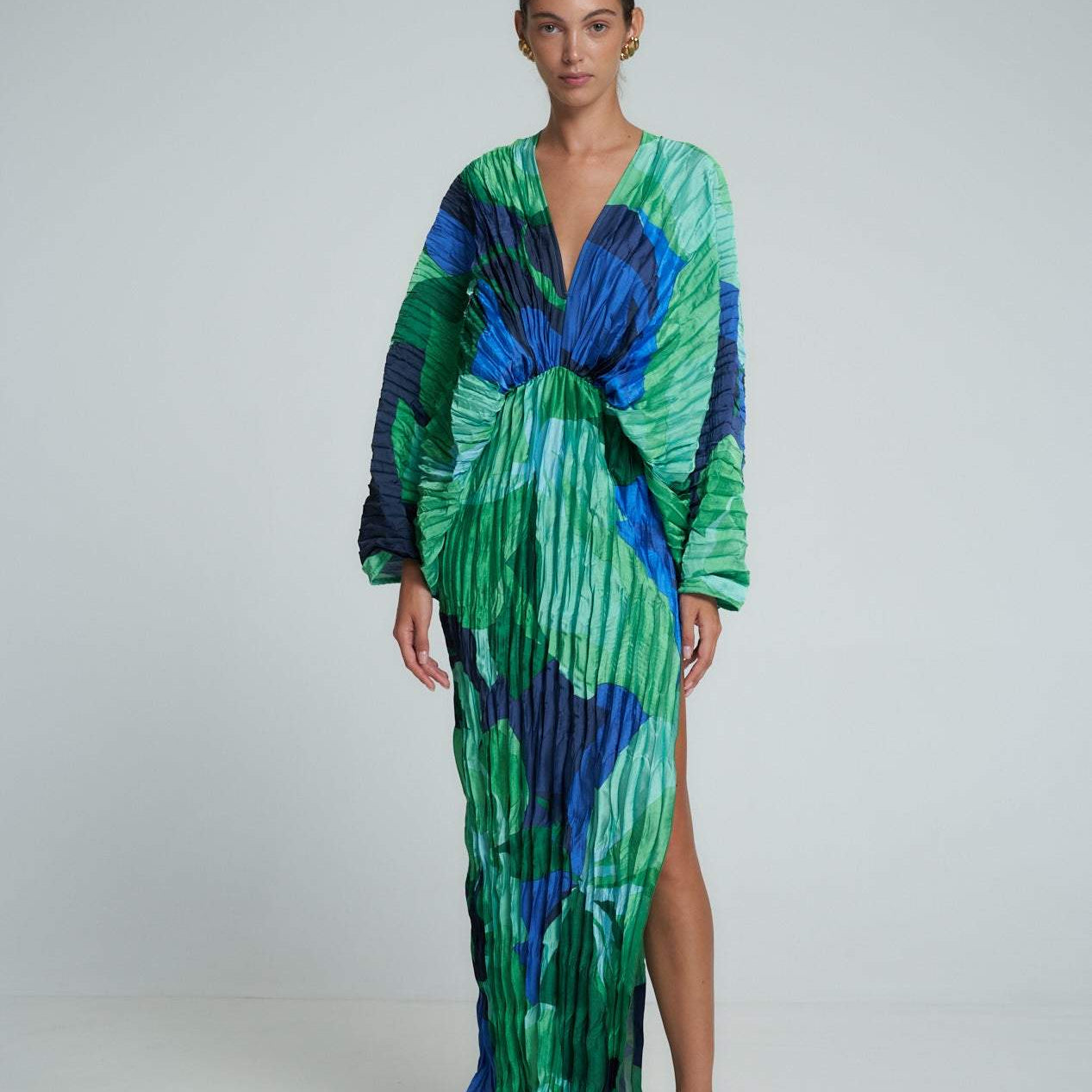 Pamela Baskılı Büzgülü Maxi Kapak Elbise