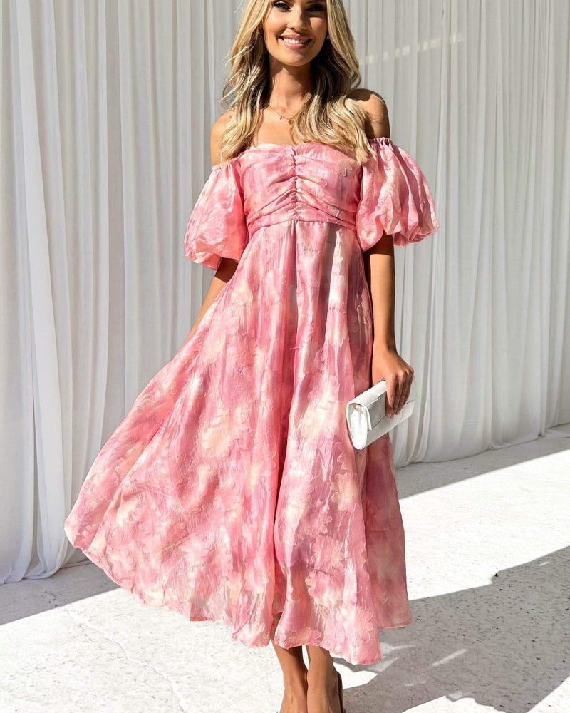 Patricia Omuzları Açık Puf Kollu Midi Elbise