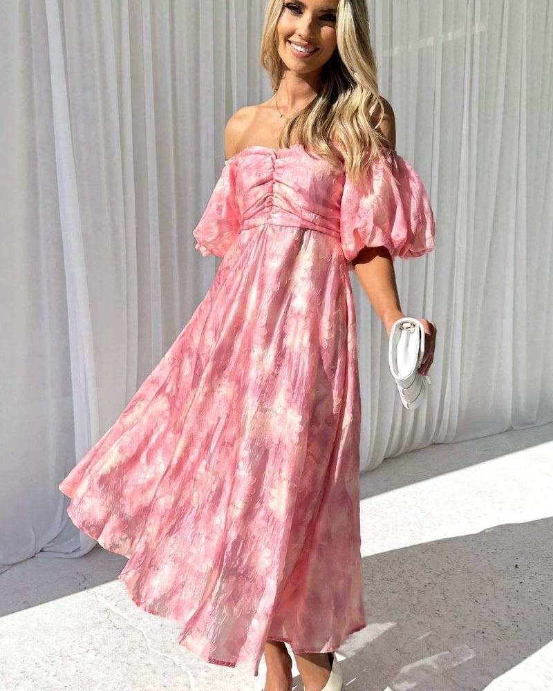 Patricia Omuzları Açık Puf Kollu Midi Elbise