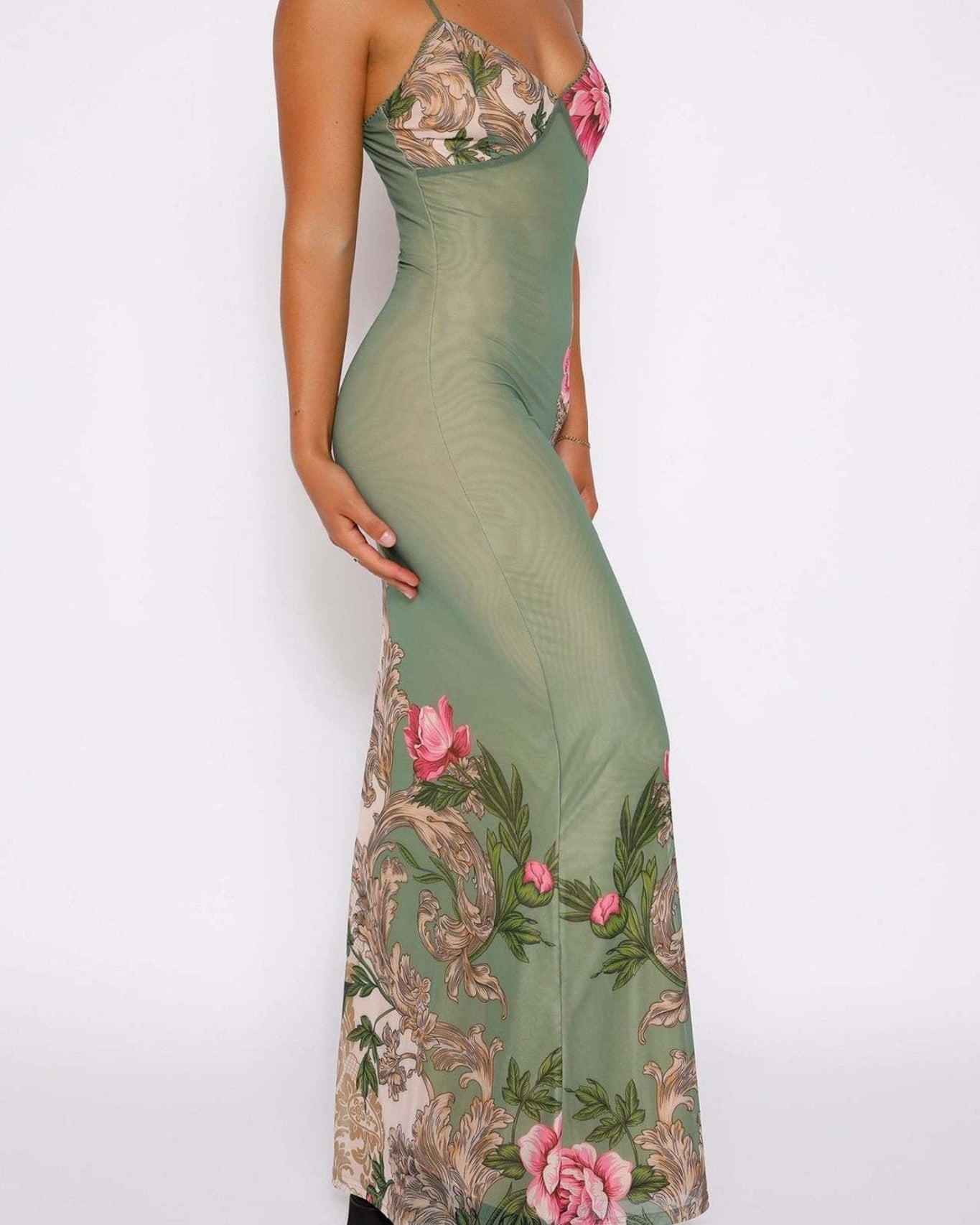 Patti Baskılı Vücuda Oturan Slip Uzun Elbise