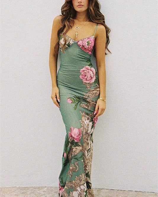 Patti Baskılı Vücuda Oturan Slip Uzun Elbise