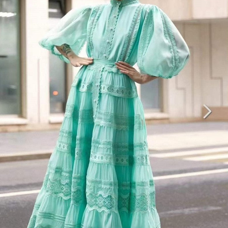 Paula İşlemeli Dantel Puf Kol Maxi Elbise