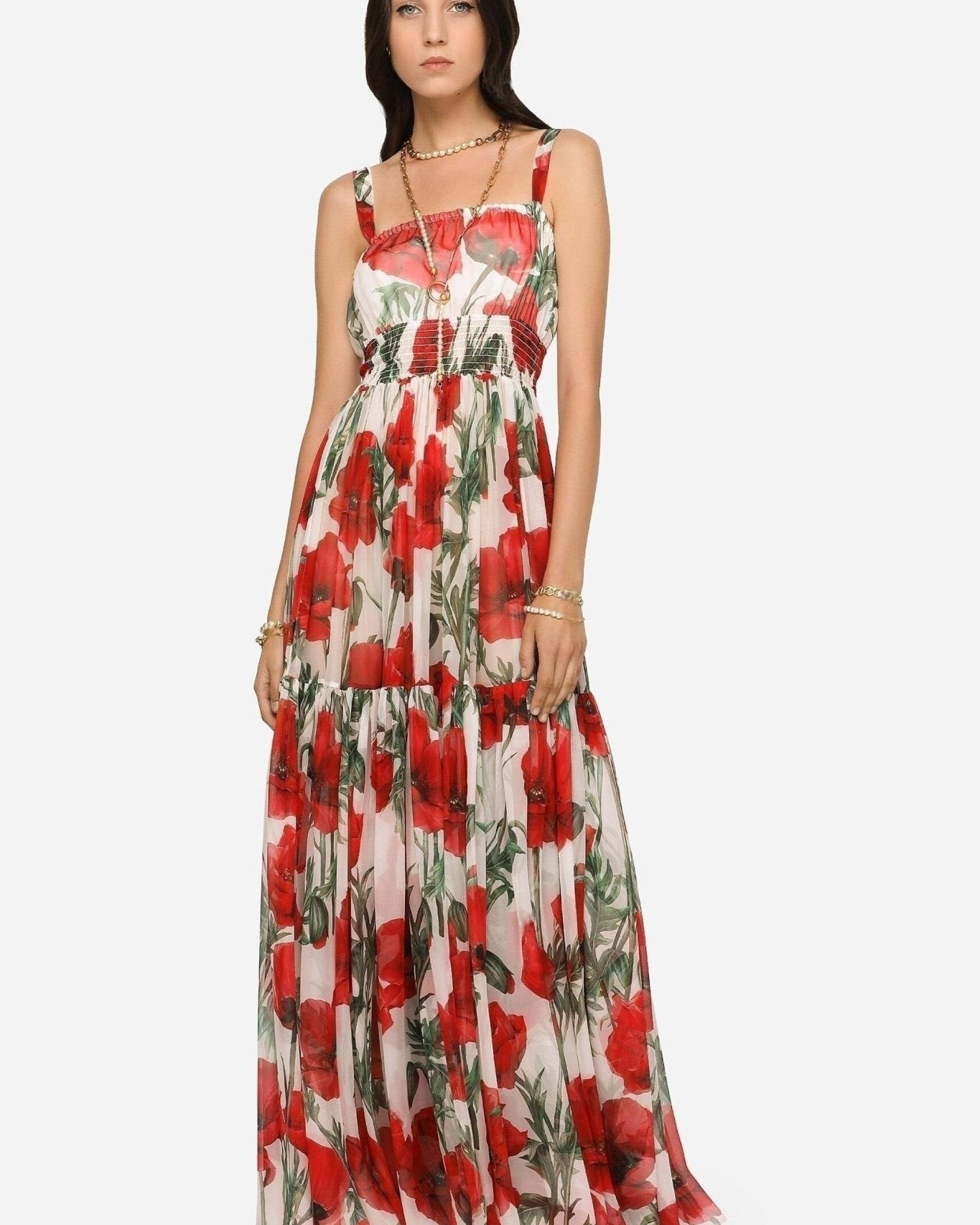 Pauline Baskılı Büzgülü Askılı Maxi Elbise