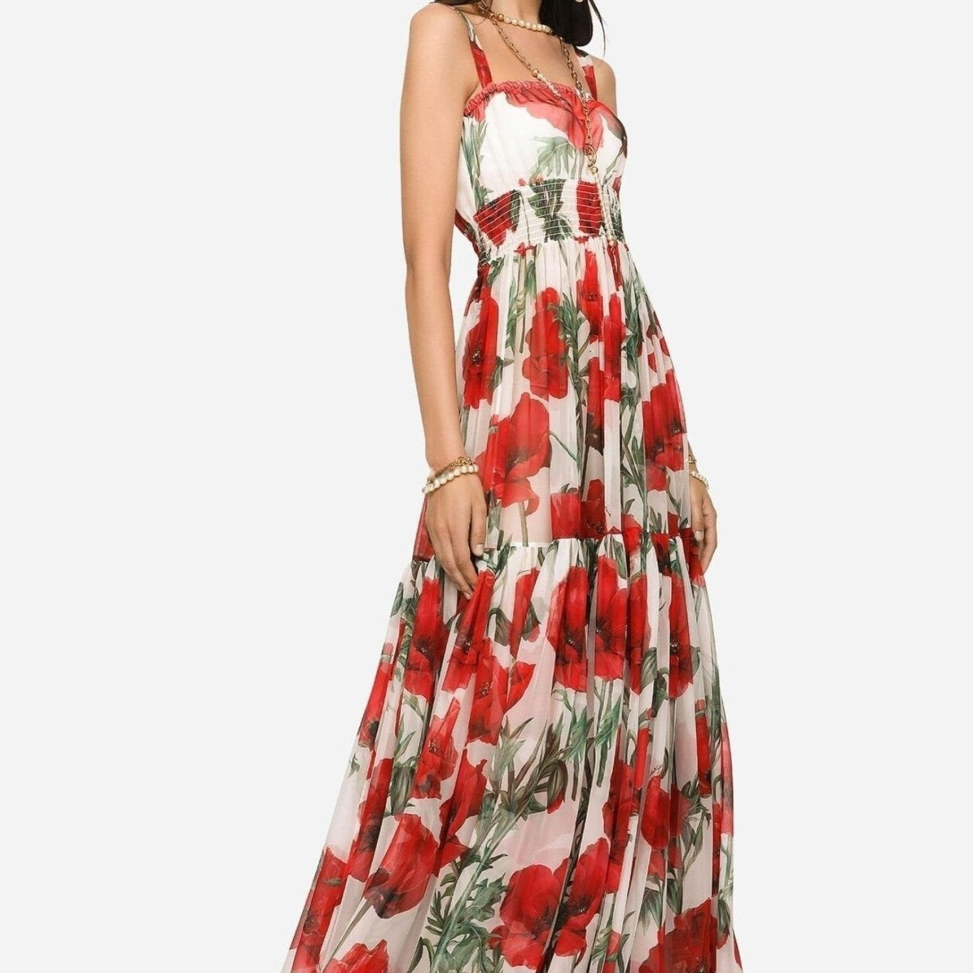 Pauline Baskılı Büzgülü Askılı Maxi Elbise