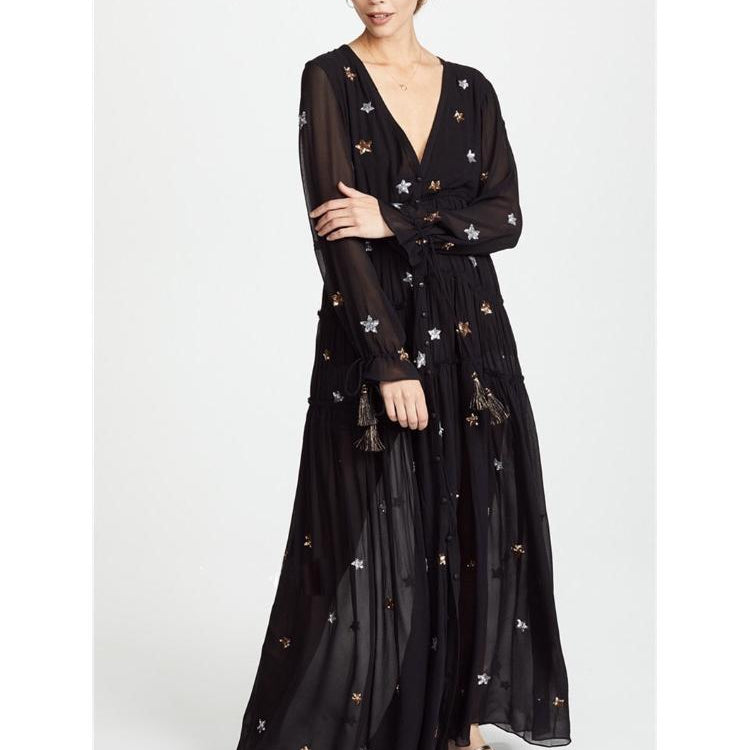 Pauline V Yaka İşlemeli Yıldız Bol Kesim Maxi Elbise