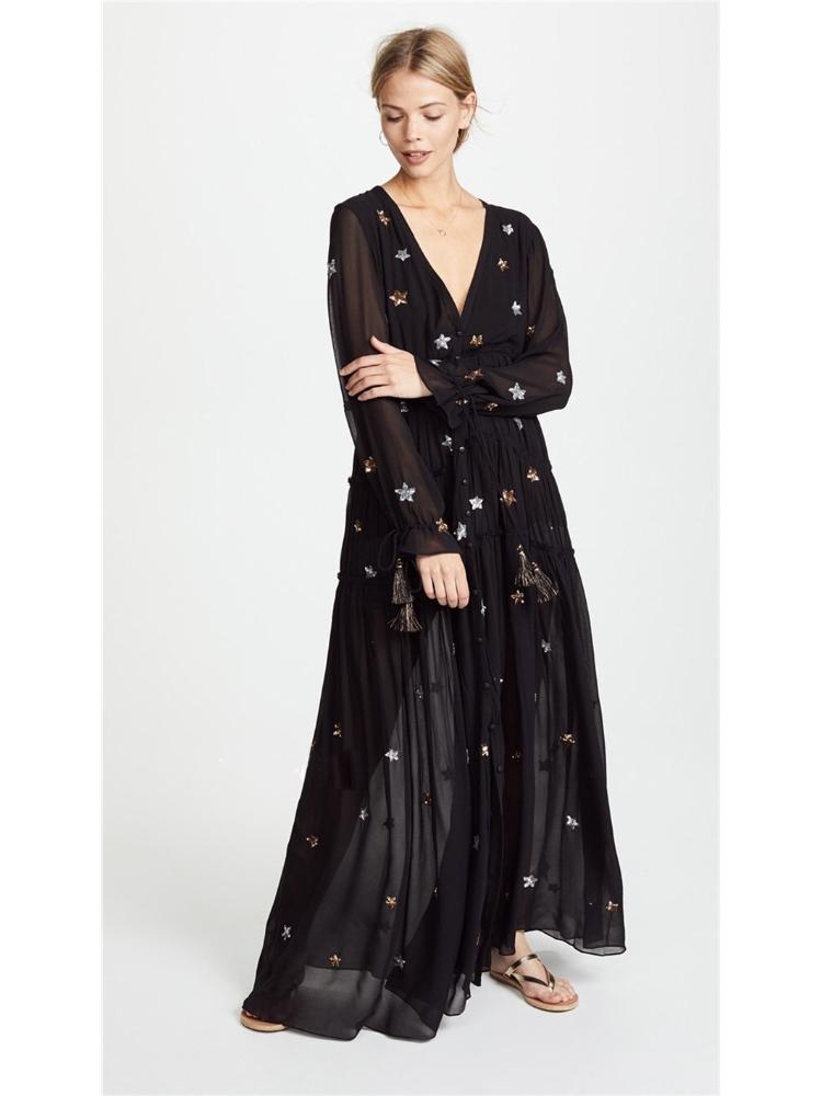 Pauline V Yaka İşlemeli Yıldız Bol Kesim Maxi Elbise