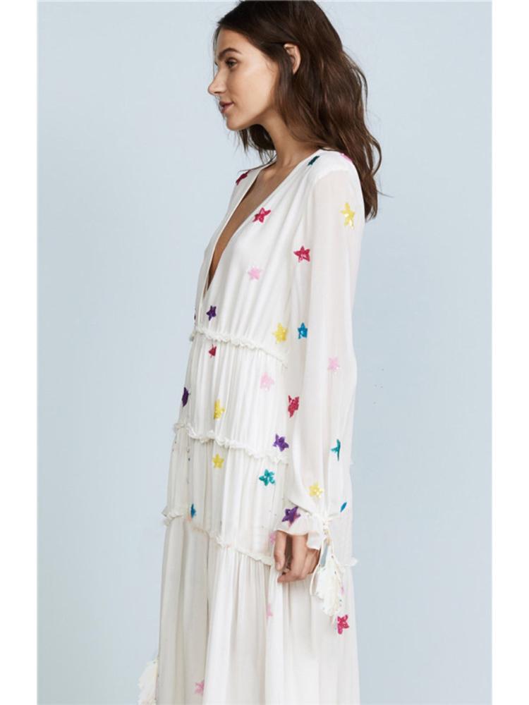 Pauline V Yaka İşlemeli Yıldız Bol Kesim Maxi Elbise