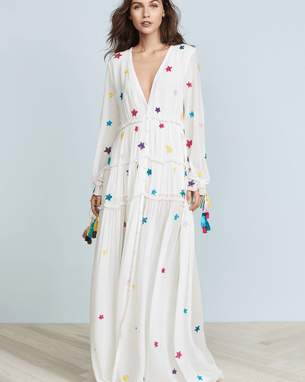 Pauline V Yaka İşlemeli Yıldız Bol Kesim Maxi Elbise