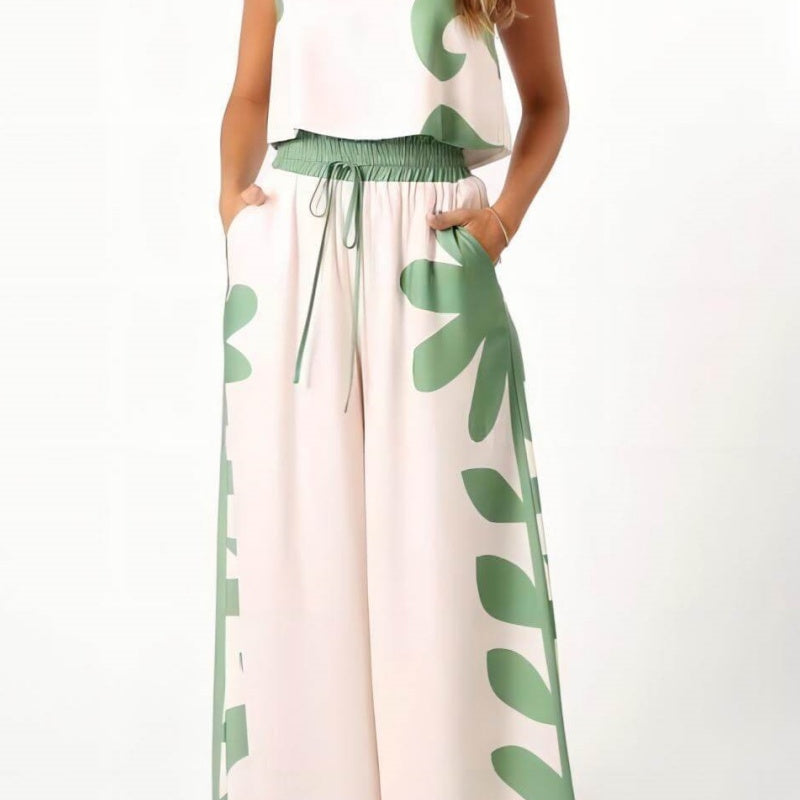 Kolsuz Halk Çiçek Gevşek Geniş Paça Pantolon Takımı