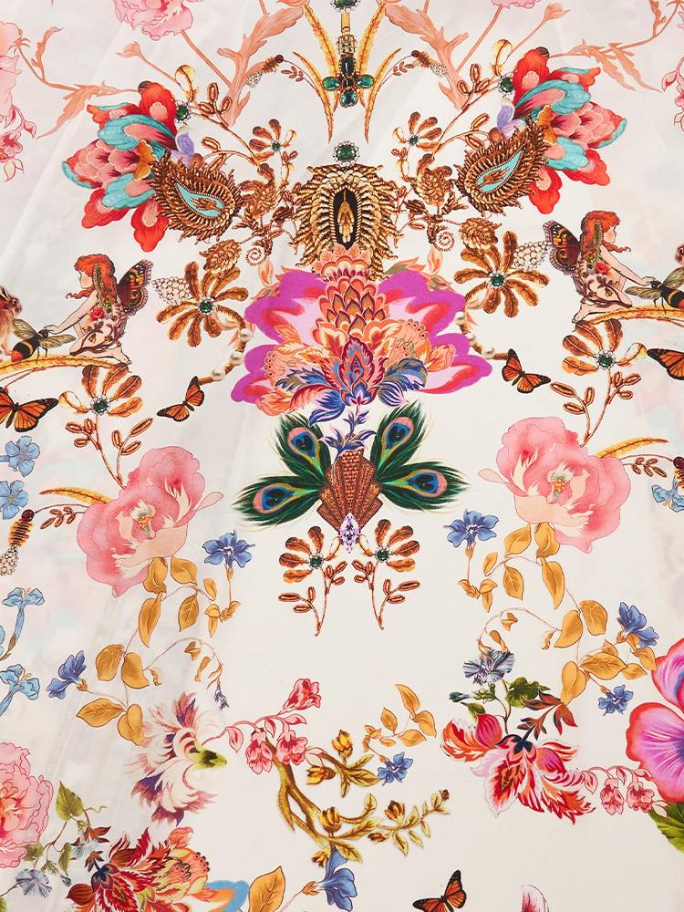 Belen Baskılı V Yaka Balon Kol Maxi Elbise