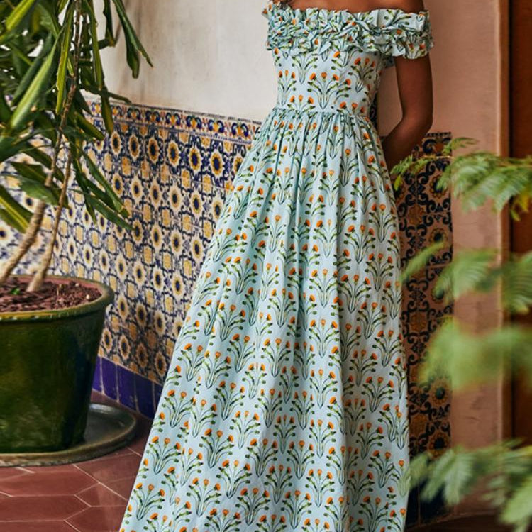 Donna Baskılı Fırfırlı Korse Düşük Omuzlu Maxi Elbise