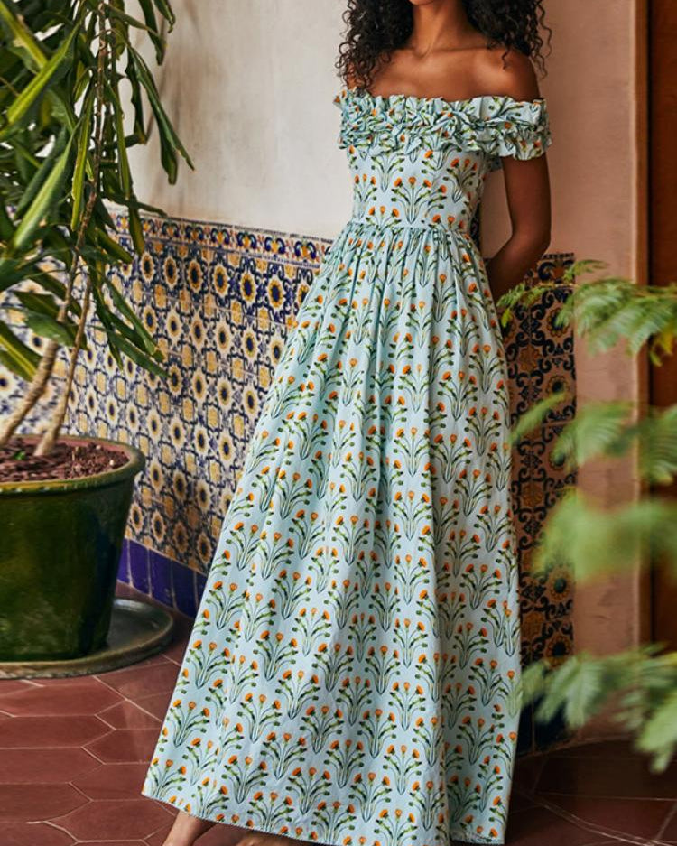 Donna Baskılı Fırfırlı Korse Düşük Omuzlu Maxi Elbise