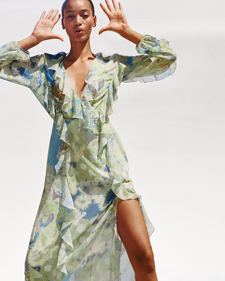 Cleo Baskılı V Yaka Fırfırlı Şifon Maxi Elbise