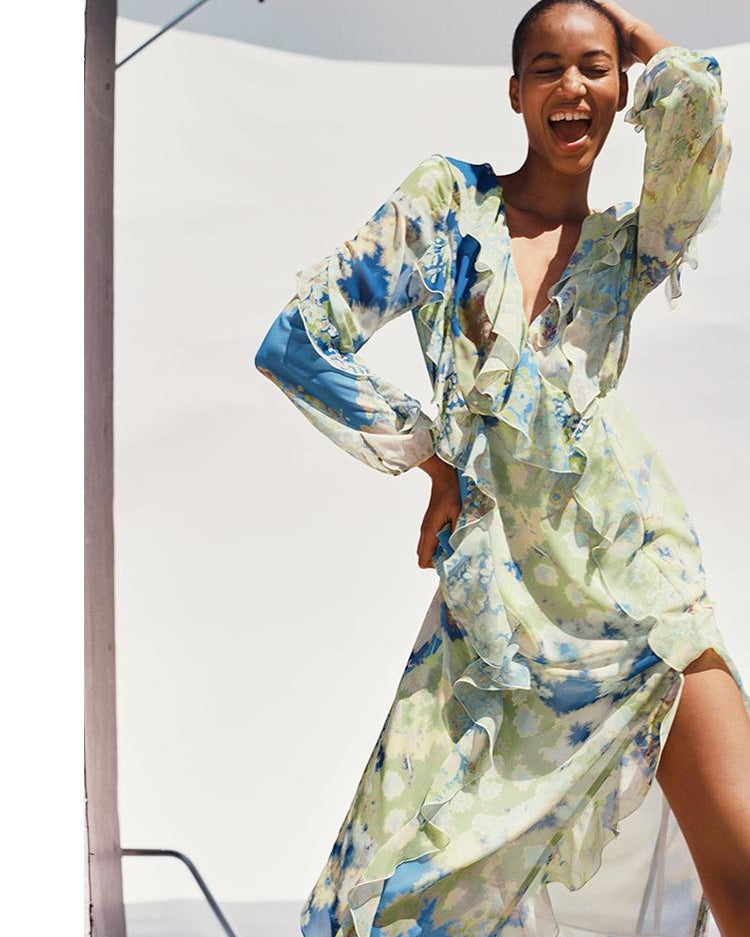 Cleo Baskılı V Yaka Fırfırlı Şifon Maxi Elbise