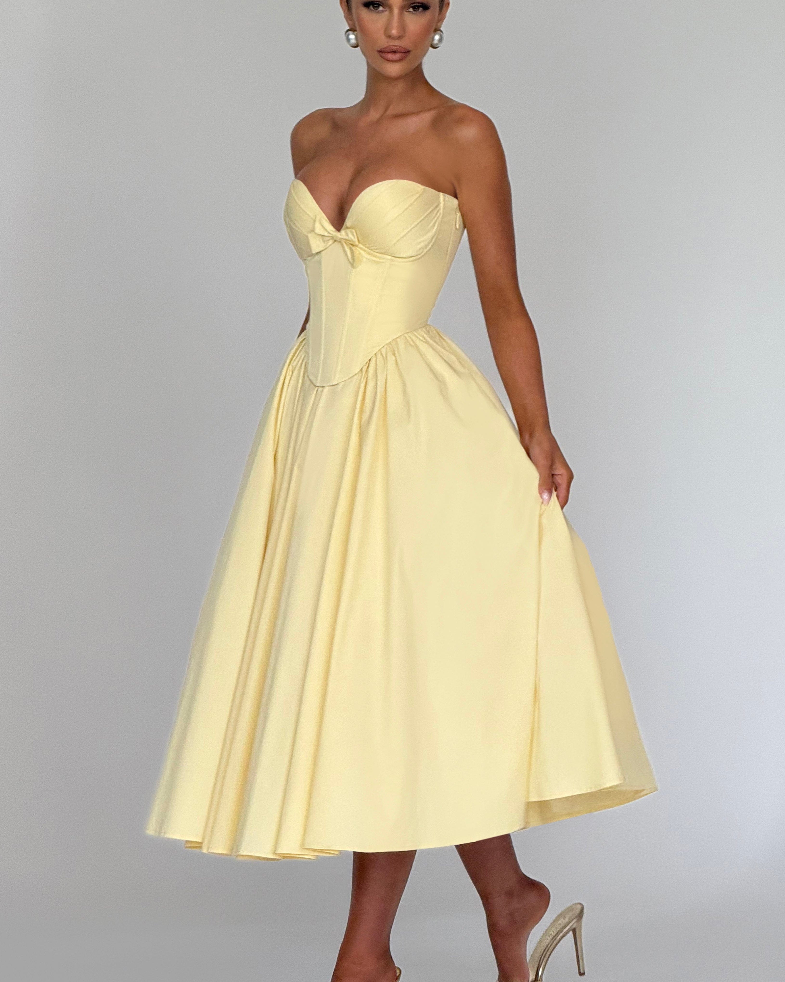 Prim Fiyonklu Midi Elbise – Limon Sarısı