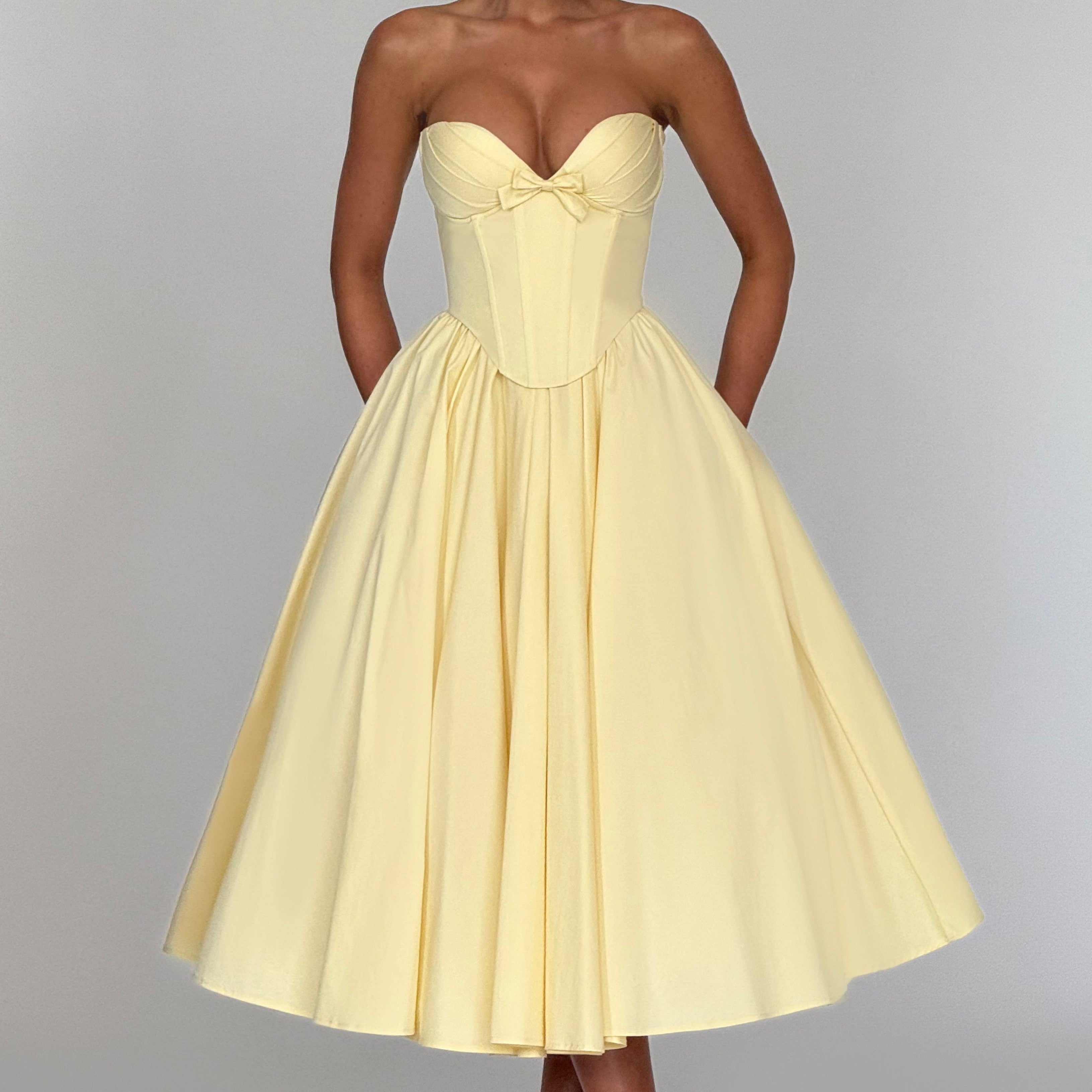 Prim Fiyonklu Midi Elbise – Limon Sarısı