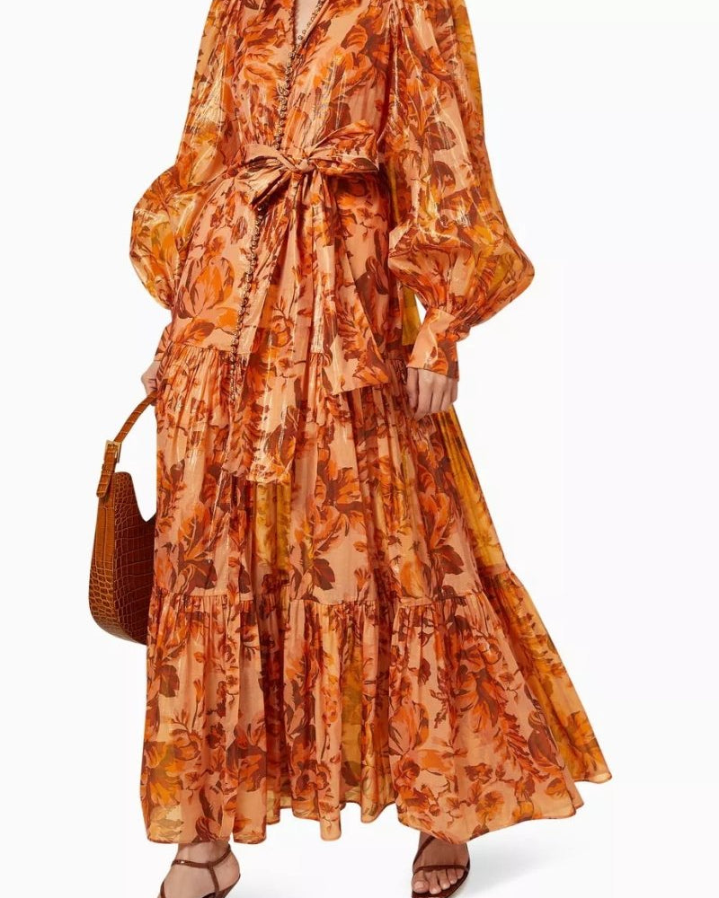 Queena Baskılı Balon Kol Maxi Elbise