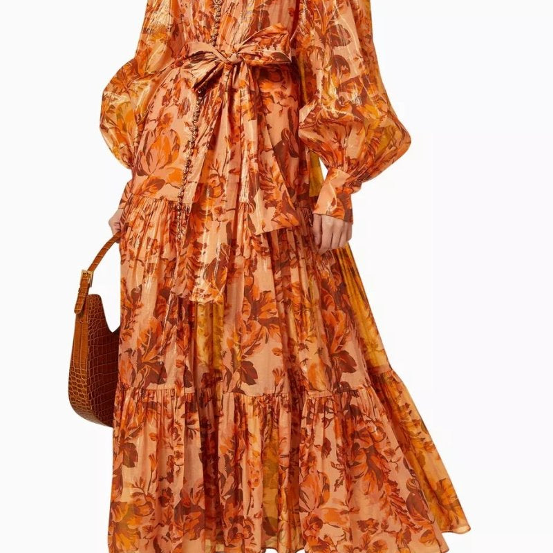 Queena Baskılı Balon Kol Maxi Elbise