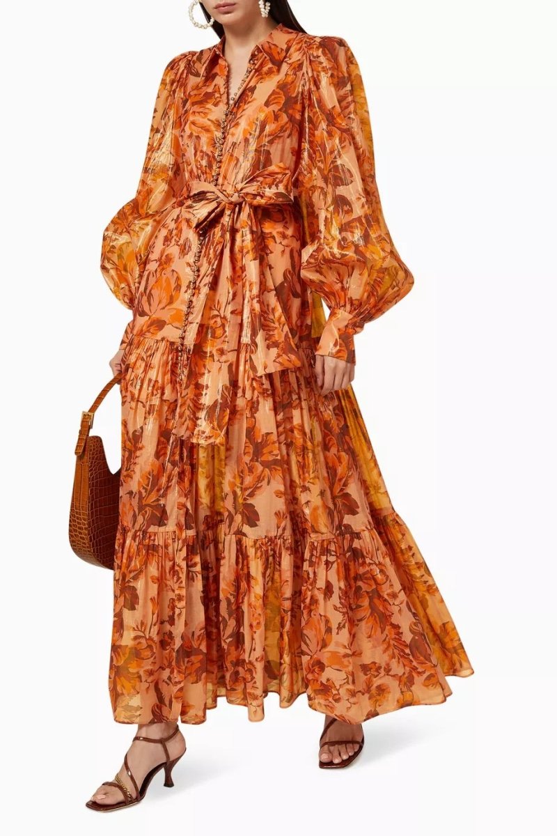 Queena Baskılı Balon Kol Maxi Elbise