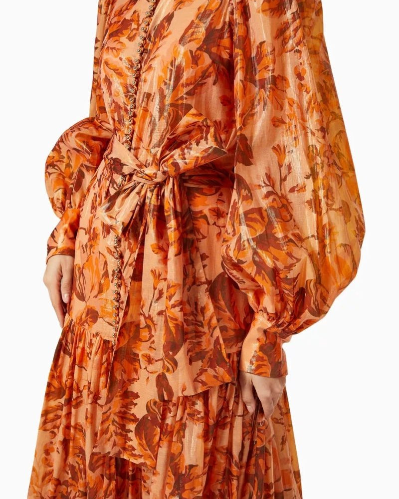 Queena Baskılı Balon Kol Maxi Elbise