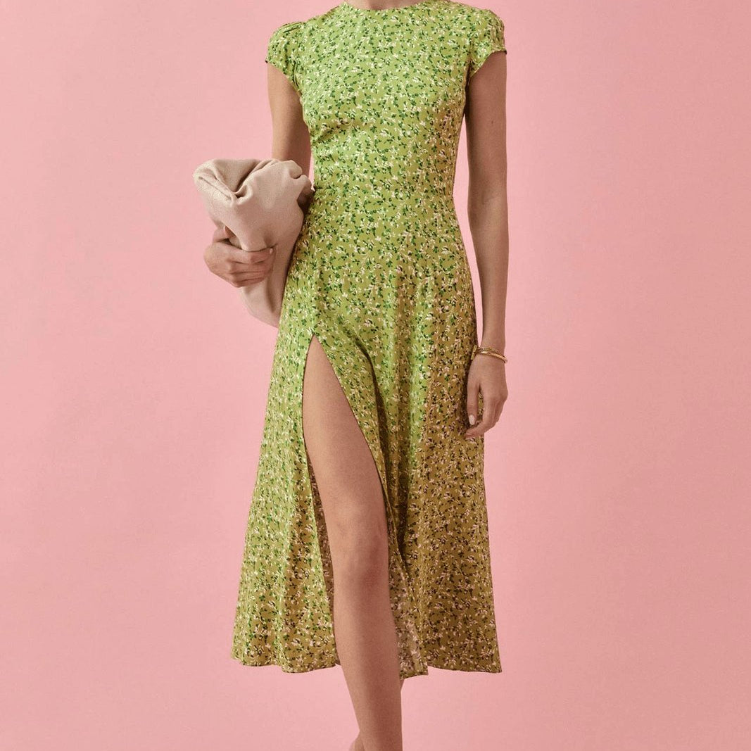 Rachel baskılı yuvarlak yaka yırtmaçlı midi yazlık elbise