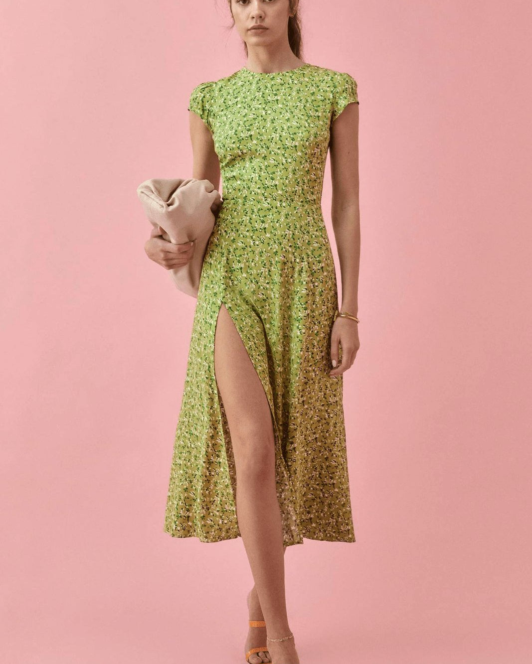 Rachel baskılı yuvarlak yaka yırtmaçlı midi yazlık elbise