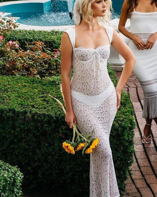 Rae Transparan Dantel Askılı Maxi Elbise