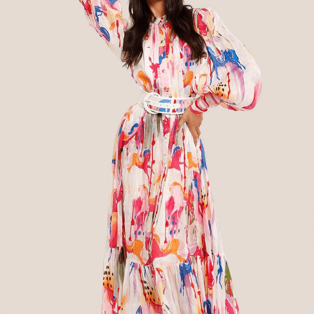 Rhoda Baskılı Kuşaklı Katlı Maxi Elbise