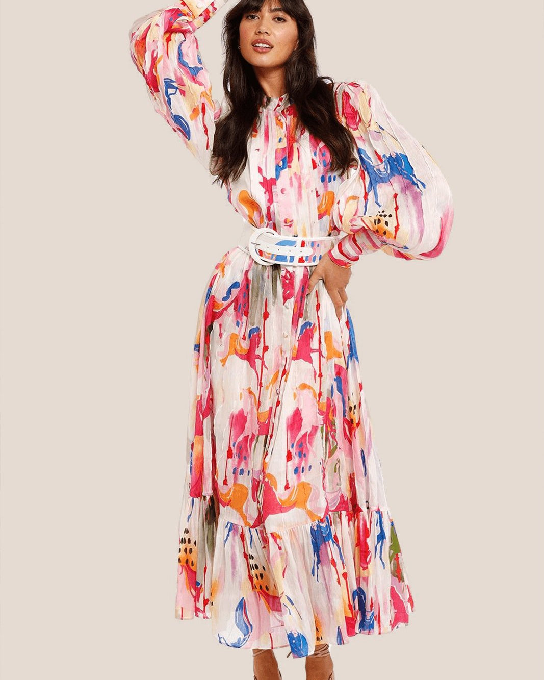 Rhoda Baskılı Kuşaklı Katlı Maxi Elbise