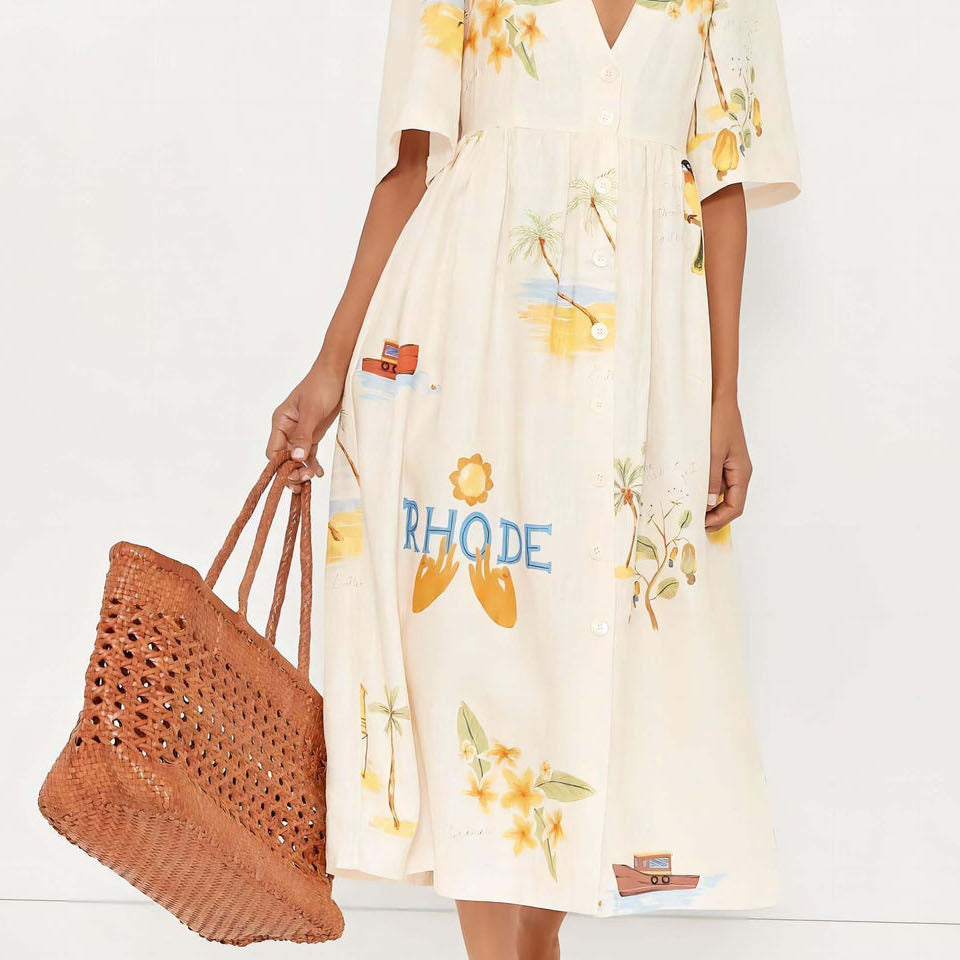 Baskılı Keten Midi Elbise