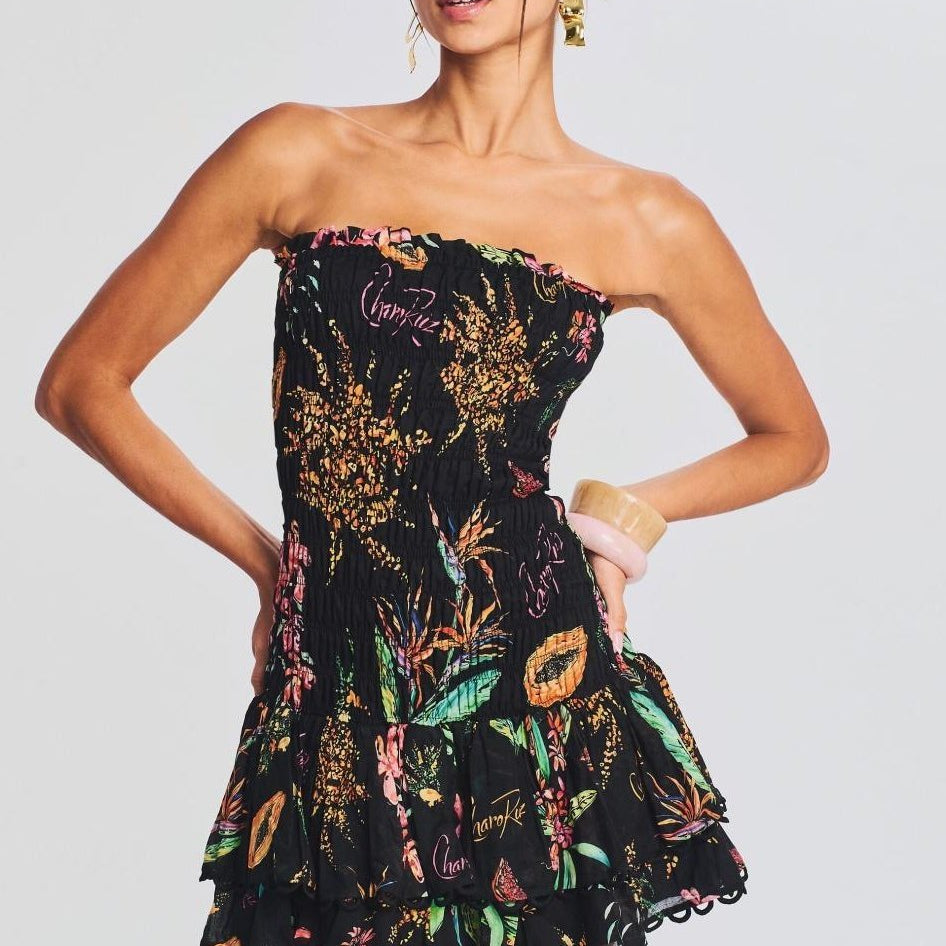 Rosa Büzgülü Baskılı Mini Elbise