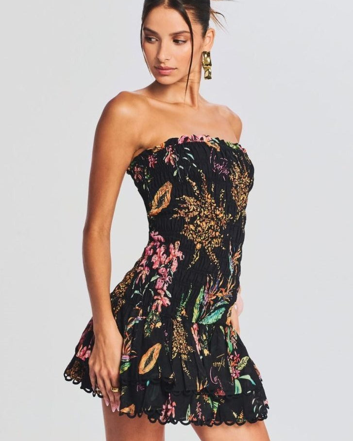 Rosa Büzgülü Baskılı Mini Elbise