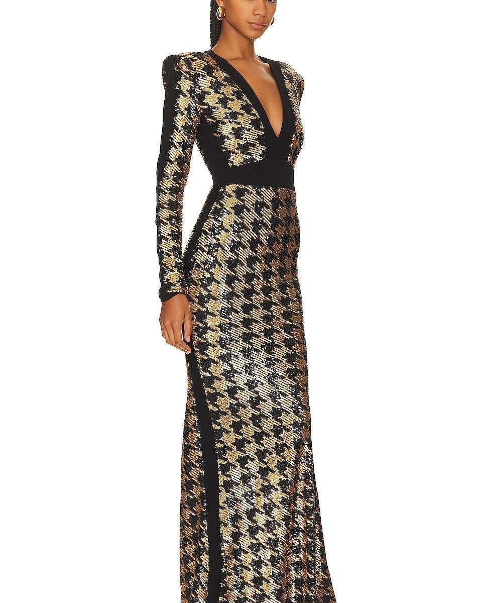 Rosalie Payetler Kazayağı Desenli Maxi Elbise