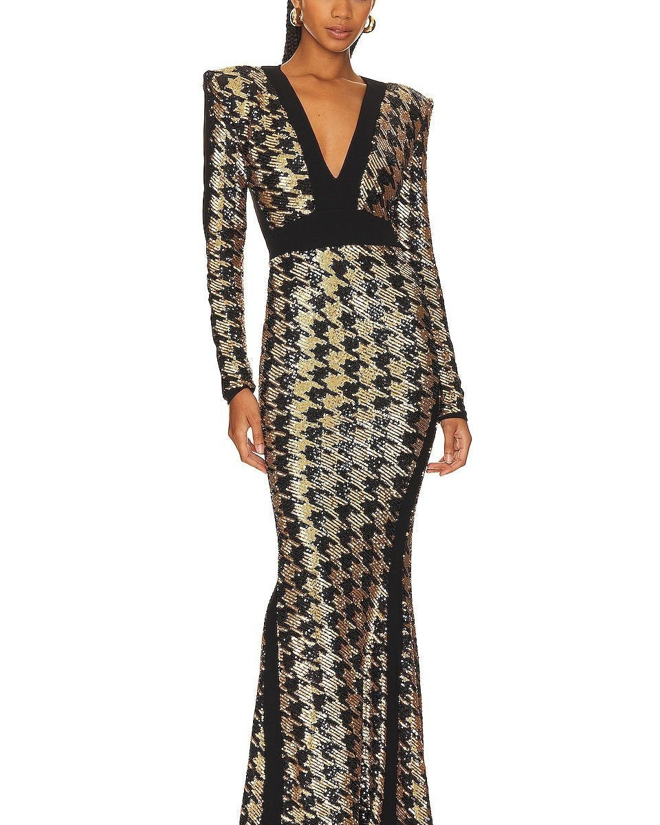 Rosalie Payetler Kazayağı Desenli Maxi Elbise