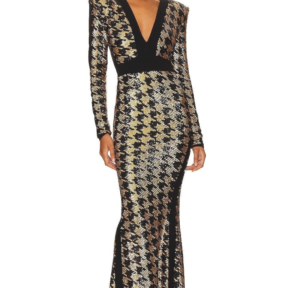 Rosalie Payetler Kazayağı Desenli Maxi Elbise