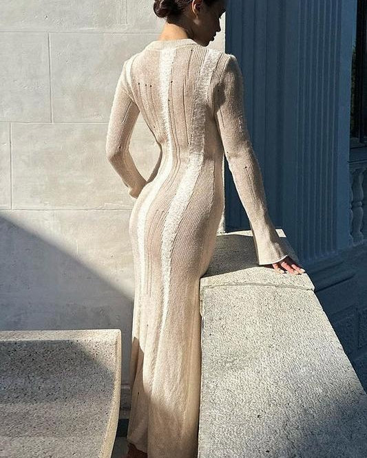 Ruth Splicing Dokulu Örgü Uzun Elbise