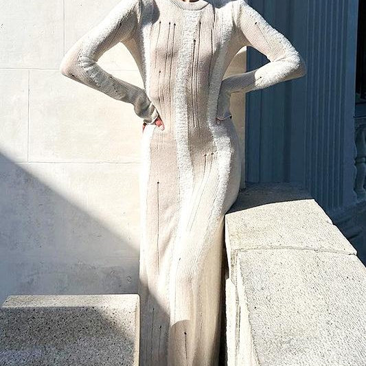 Ruth Splicing Dokulu Örgü Uzun Elbise