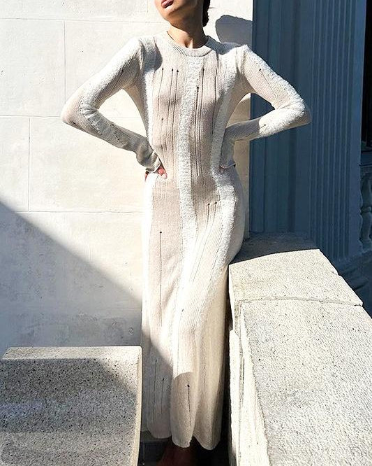 Ruth Splicing Dokulu Örgü Uzun Elbise