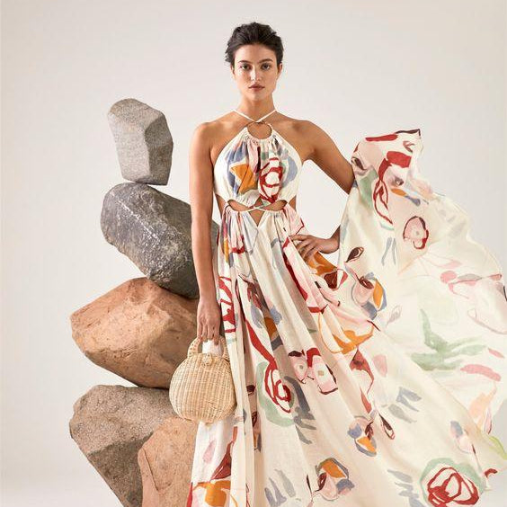 Sabina Soyut Çiçek Boyundan Bağlı Uzun Elbise