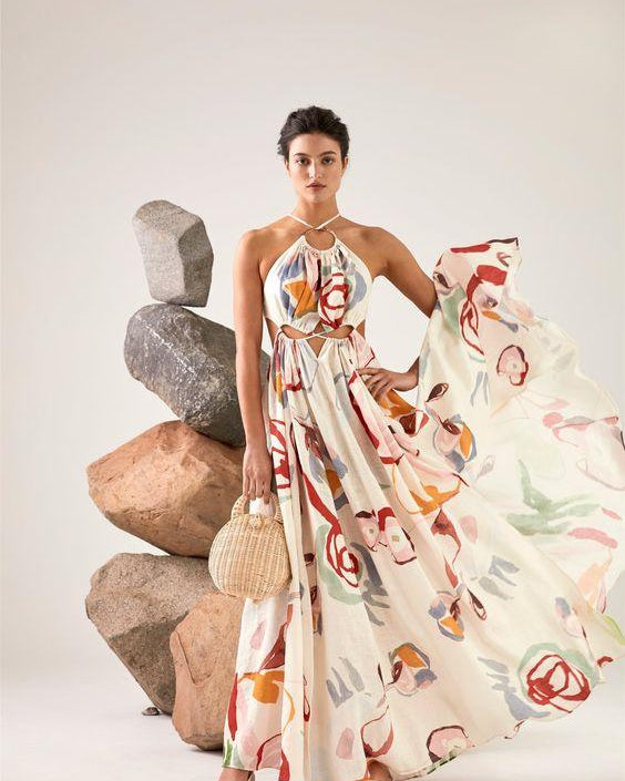 Sabina Soyut Çiçek Boyundan Bağlı Uzun Elbise