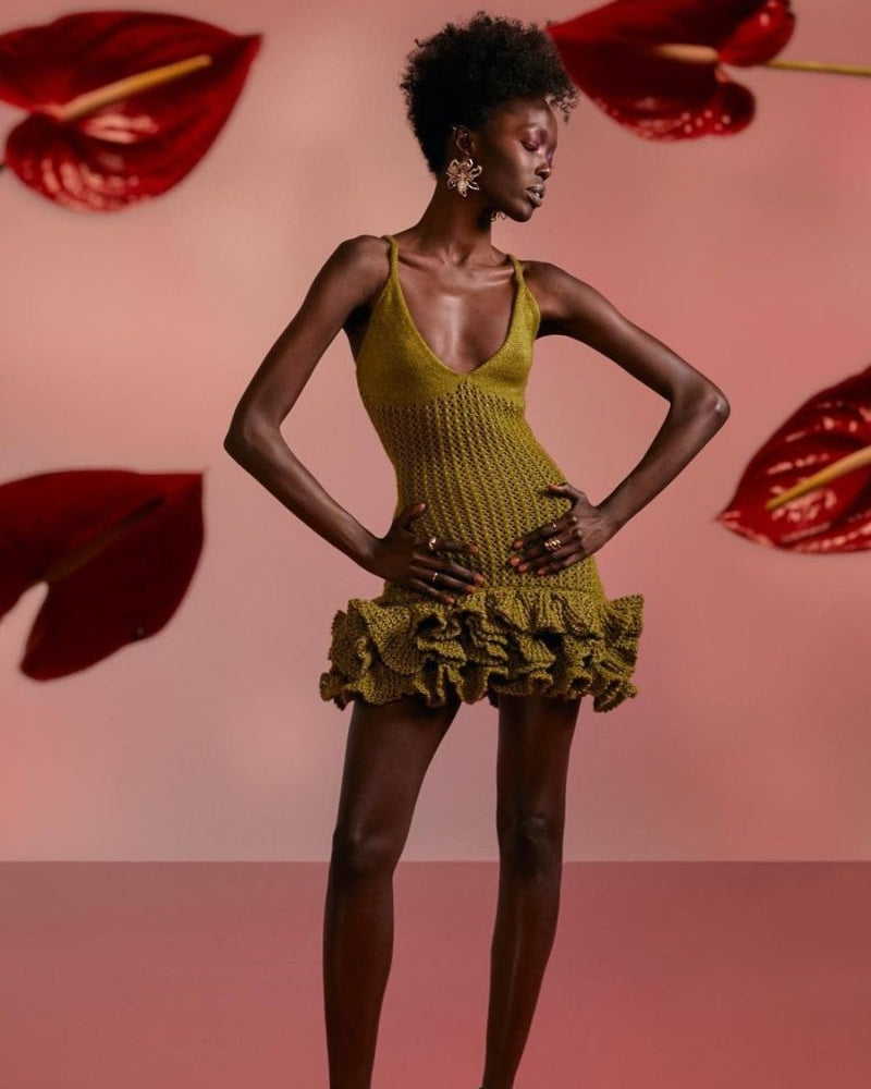 Sara V Yaka Volanlı Etek Örgü Mini Elbise