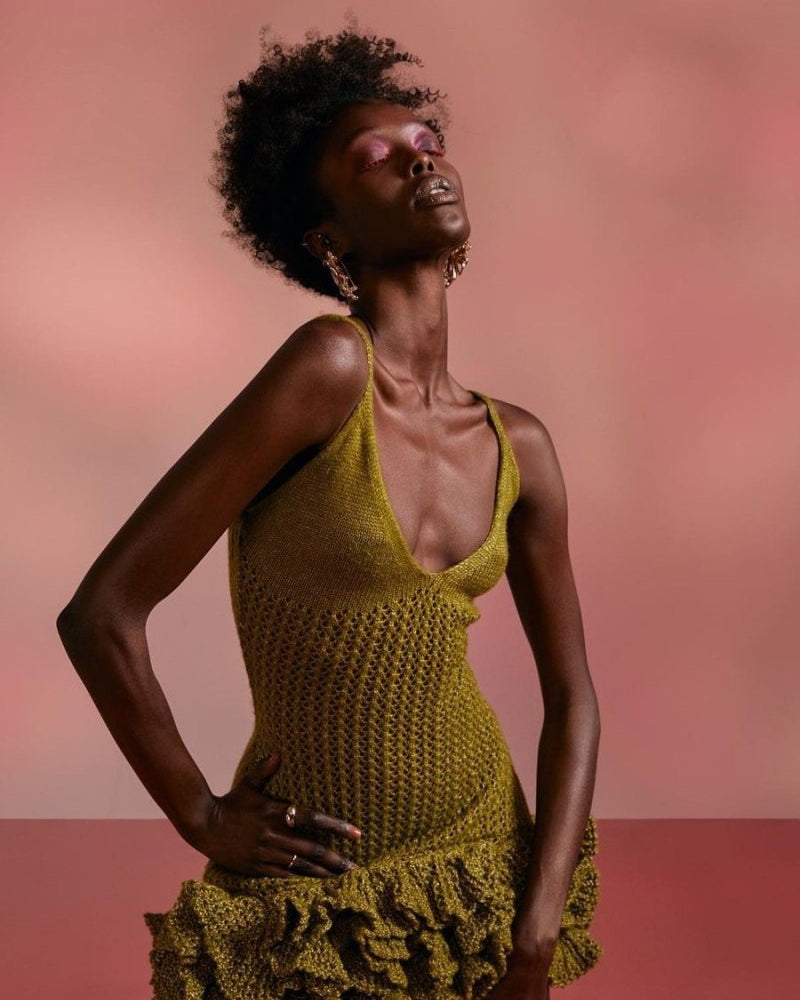 Sara V Yaka Volanlı Etek Örgü Mini Elbise