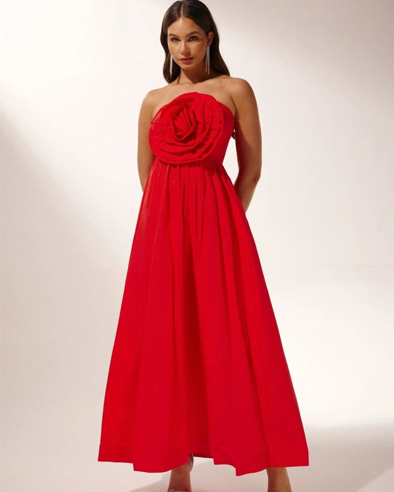 Heykeltıraş Çiçek Straplez Uzun Elbise