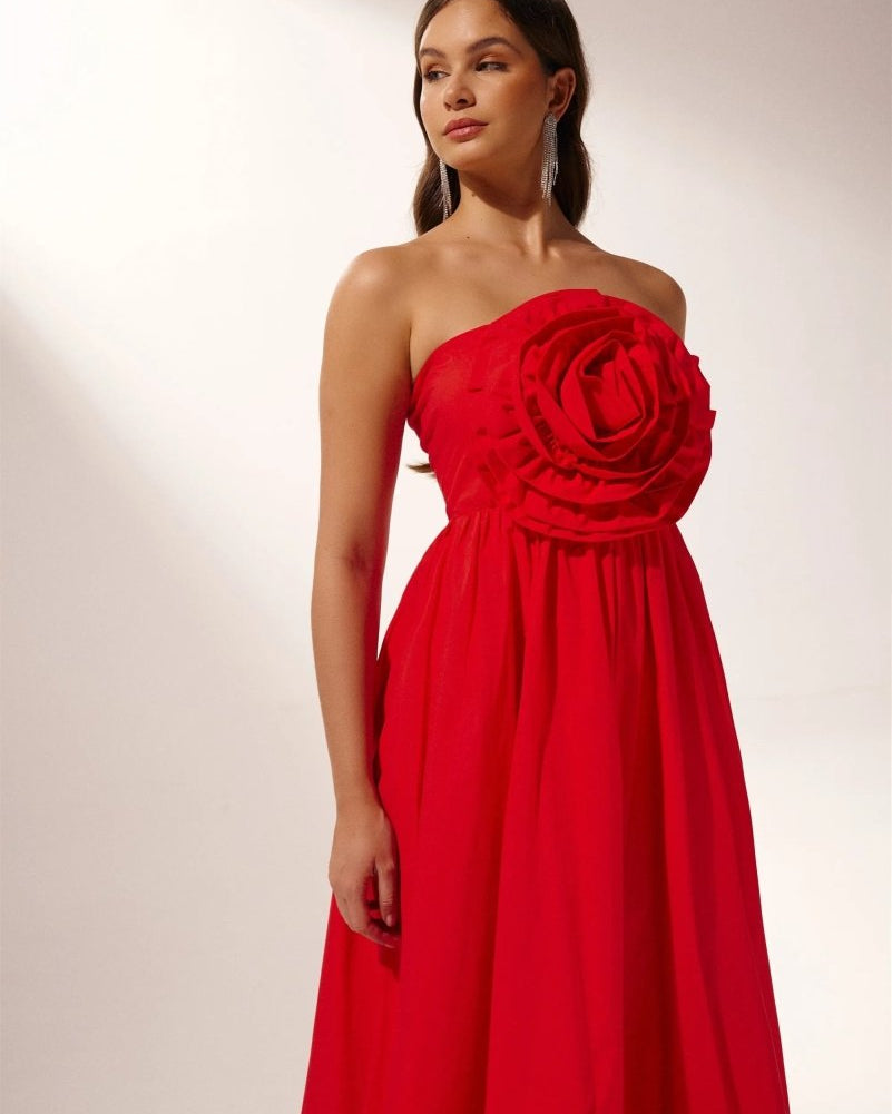 Heykeltıraş Çiçek Straplez Uzun Elbise