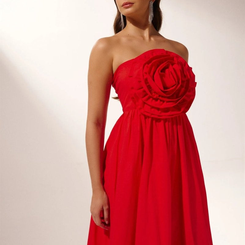 Heykeltıraş Çiçek Straplez Uzun Elbise