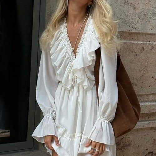 Sharon V Yaka Volanlı Mini Elbise