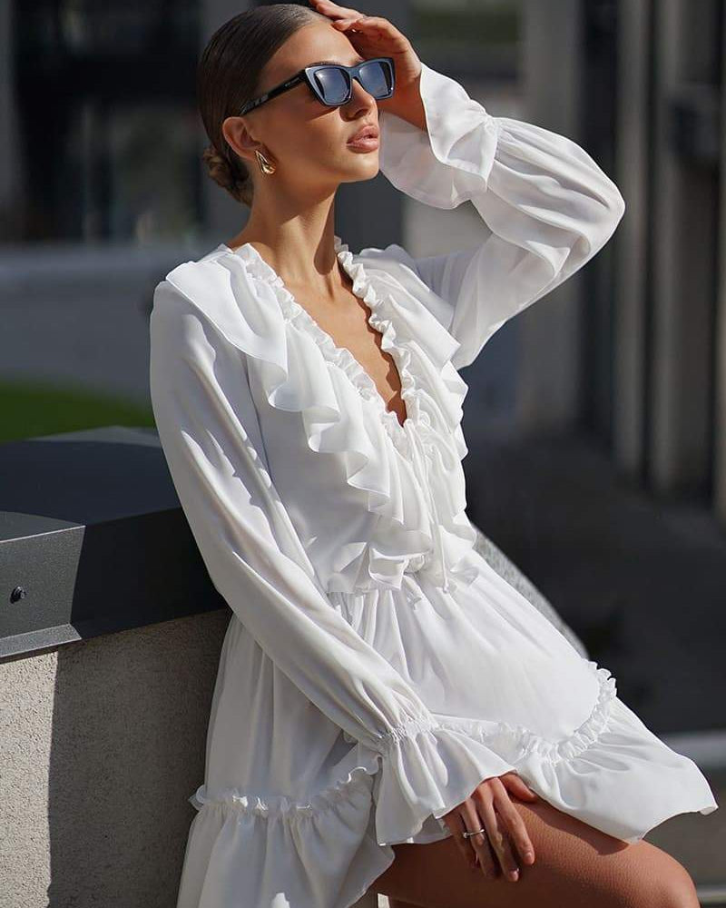 Sharon V Yaka Volanlı Mini Elbise