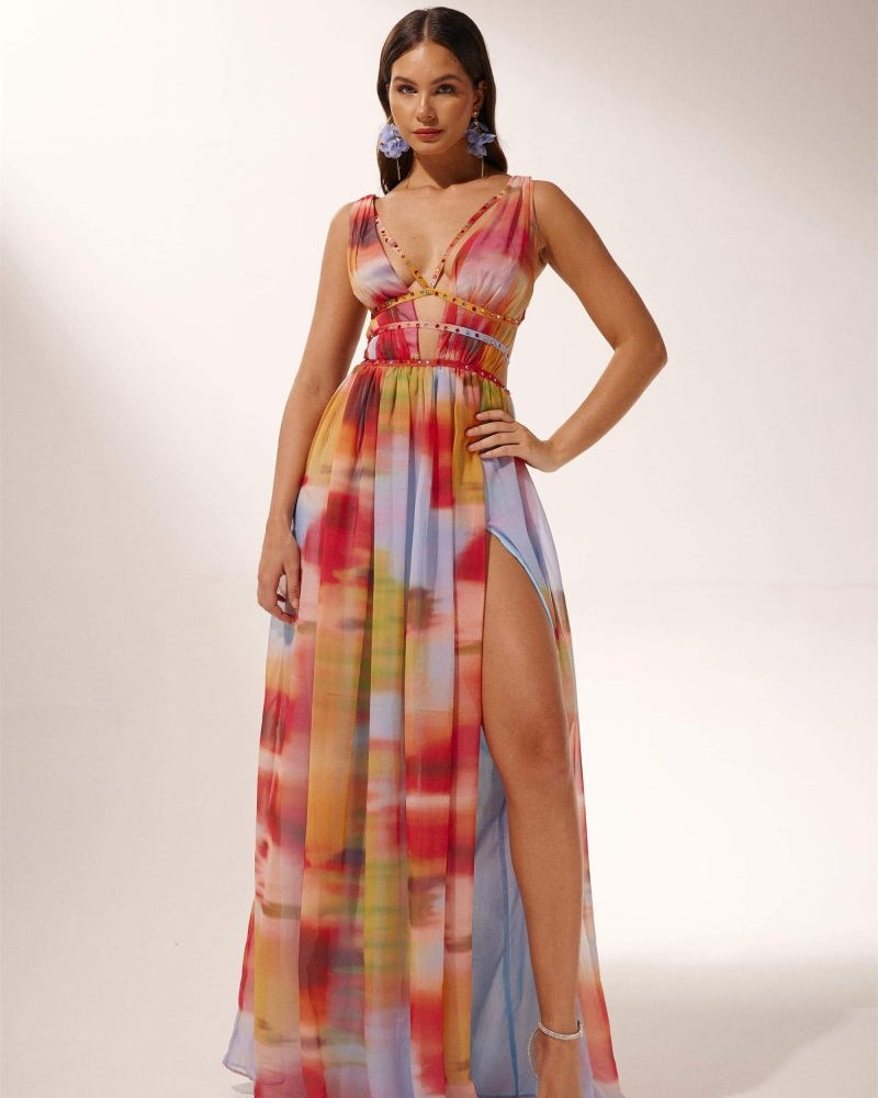 Sheila Baskılı Yüksek Yırtmaçlı Uzun Elbise