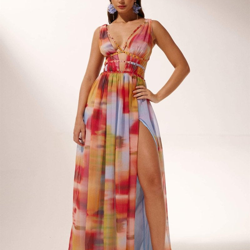 Sheila Baskılı Yüksek Yırtmaçlı Uzun Elbise